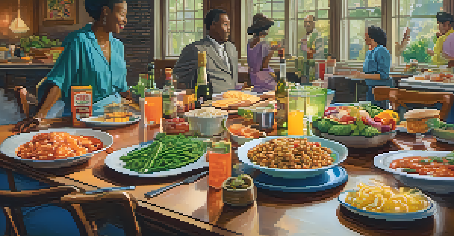 A colorful table with Southern comfort foods on a film set in Atlanta, with crew members enjoying the meal.