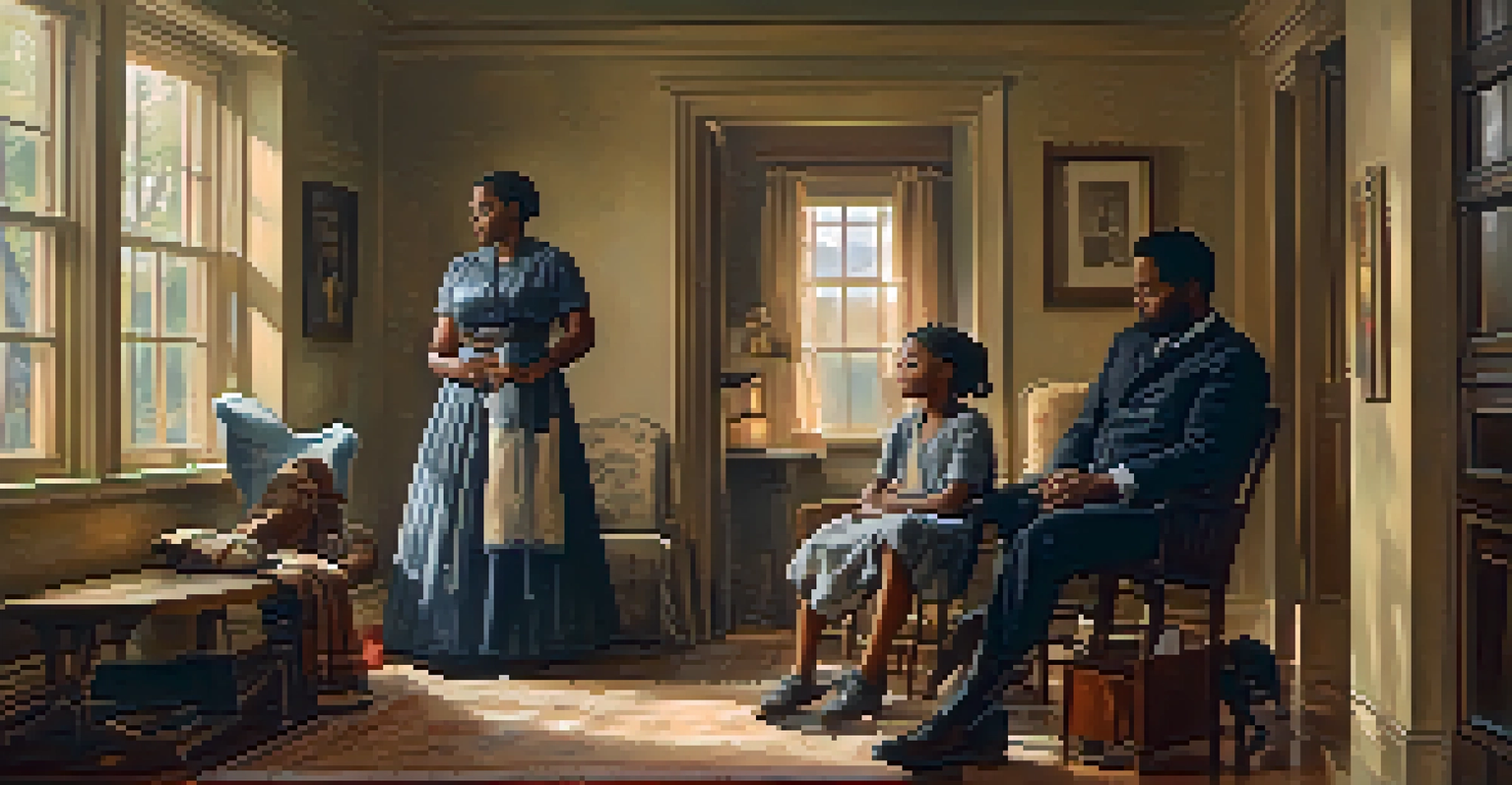 A poignant depiction of a family in a home during the Civil War, highlighting the resilience of women managing household duties.