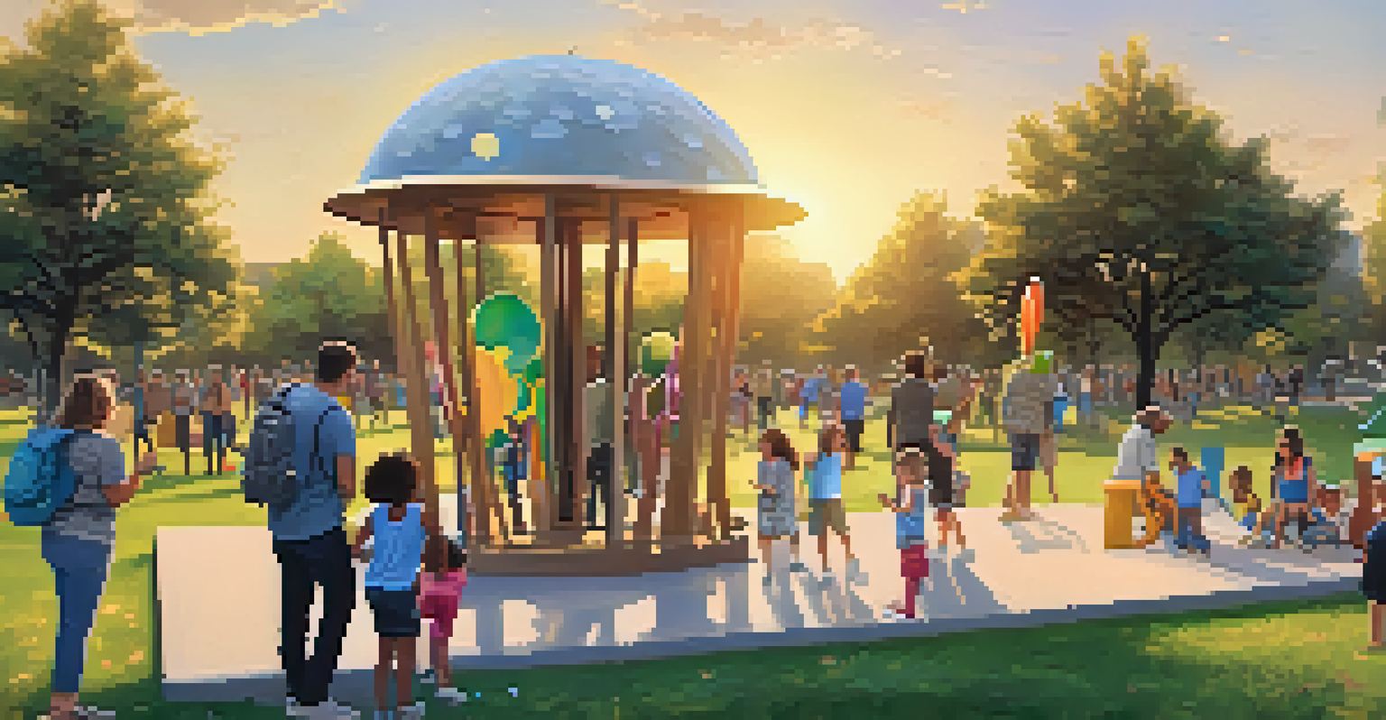 Families enjoying a public art installation in a park, with large sculptures made of recycled materials, illuminated by the warm glow of sunset.