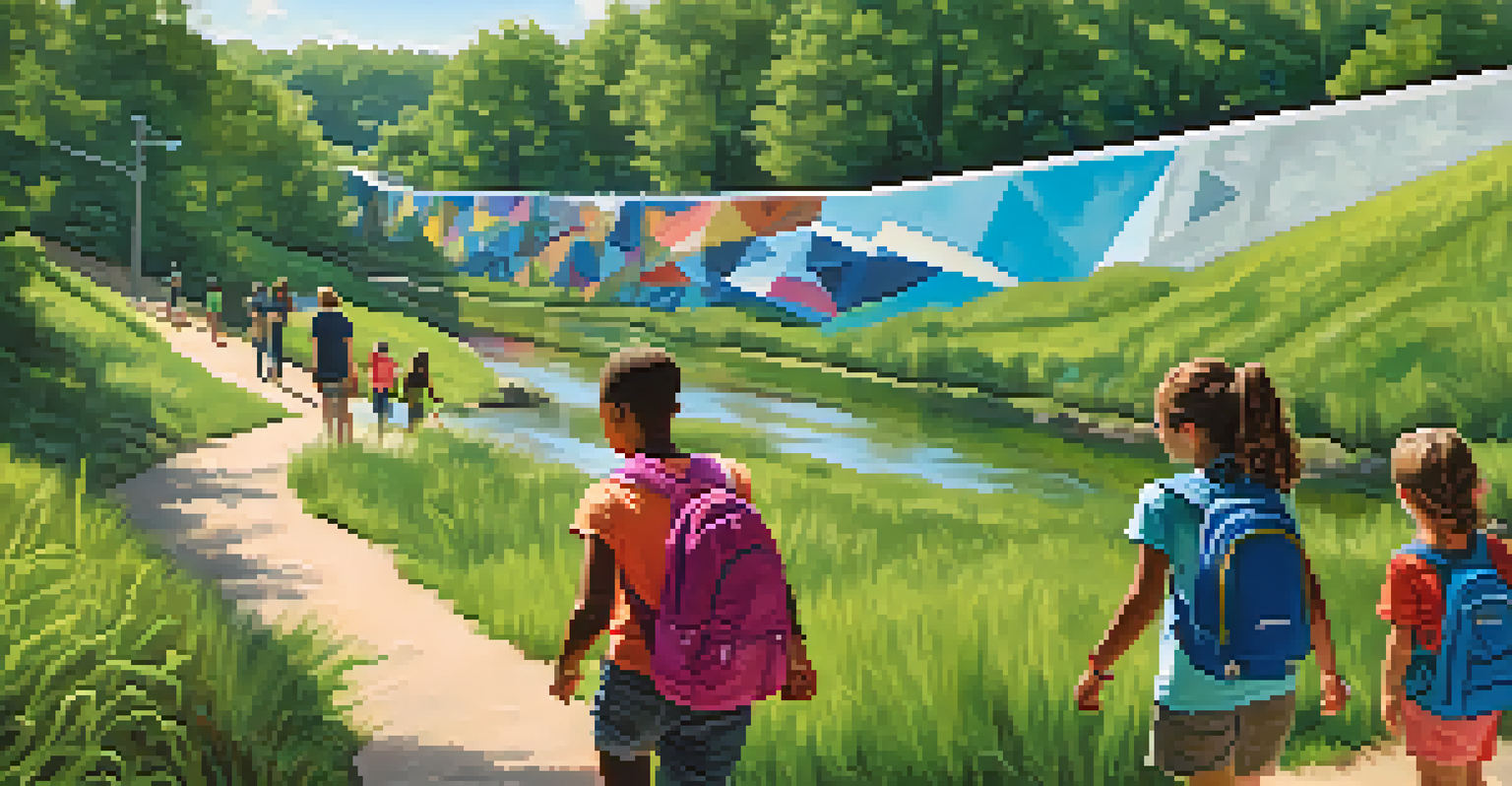A family enjoying a hike on the BeltLine Eastside Trail, with vibrant murals and green parks surrounding them under a clear blue sky.