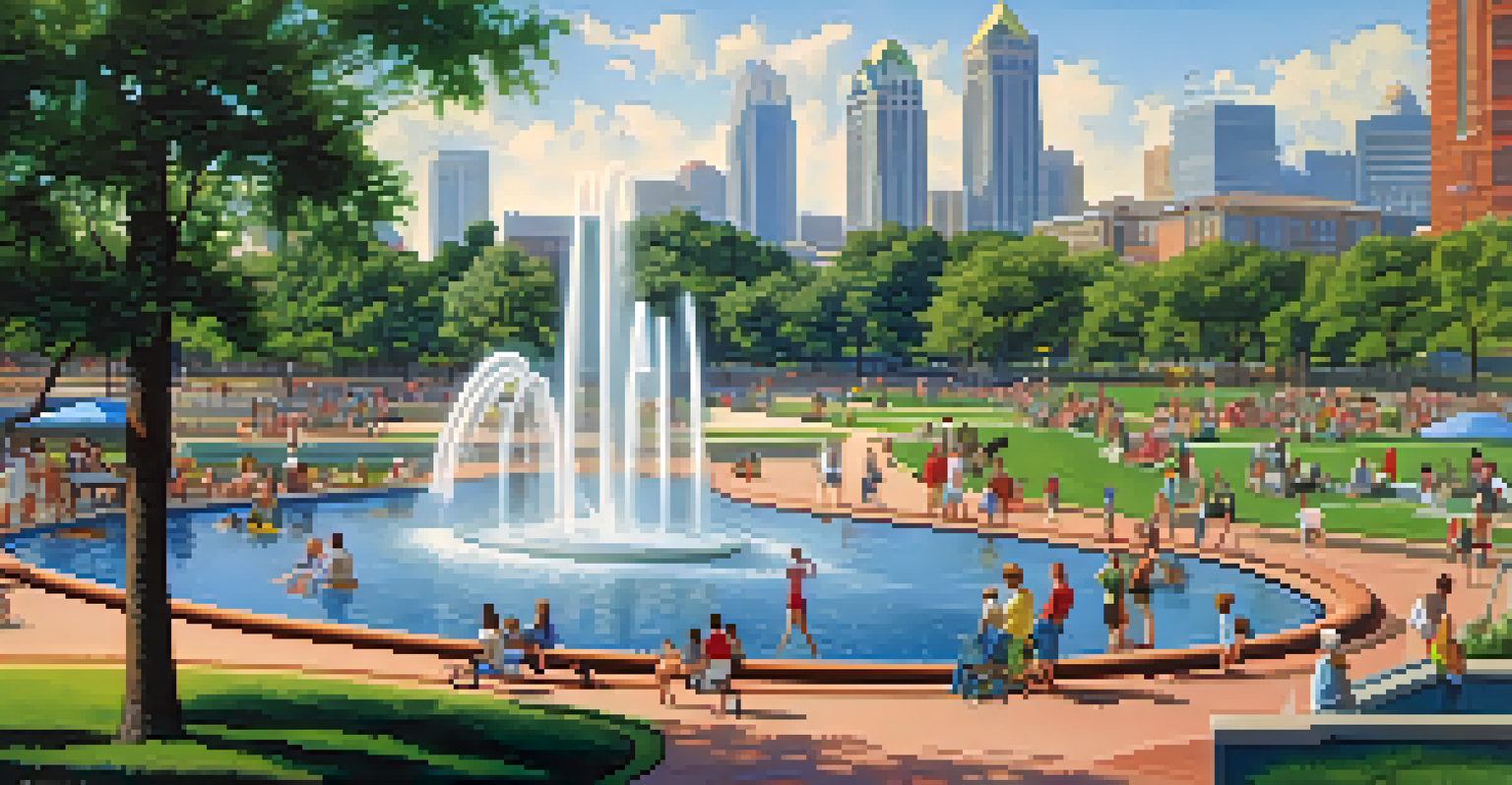Centennial Olympic Park during the 1996 Atlanta Olympics, featuring fountains, greenery, and people enjoying the festivities with the Atlanta skyline in the background.