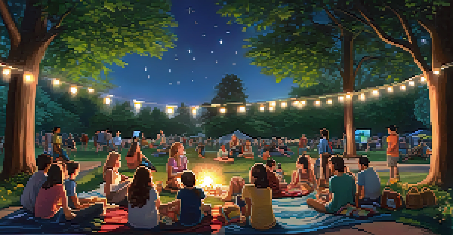 Families gathered on blankets in Woodruff Park, watching a movie under the stars with fairy lights in the trees.