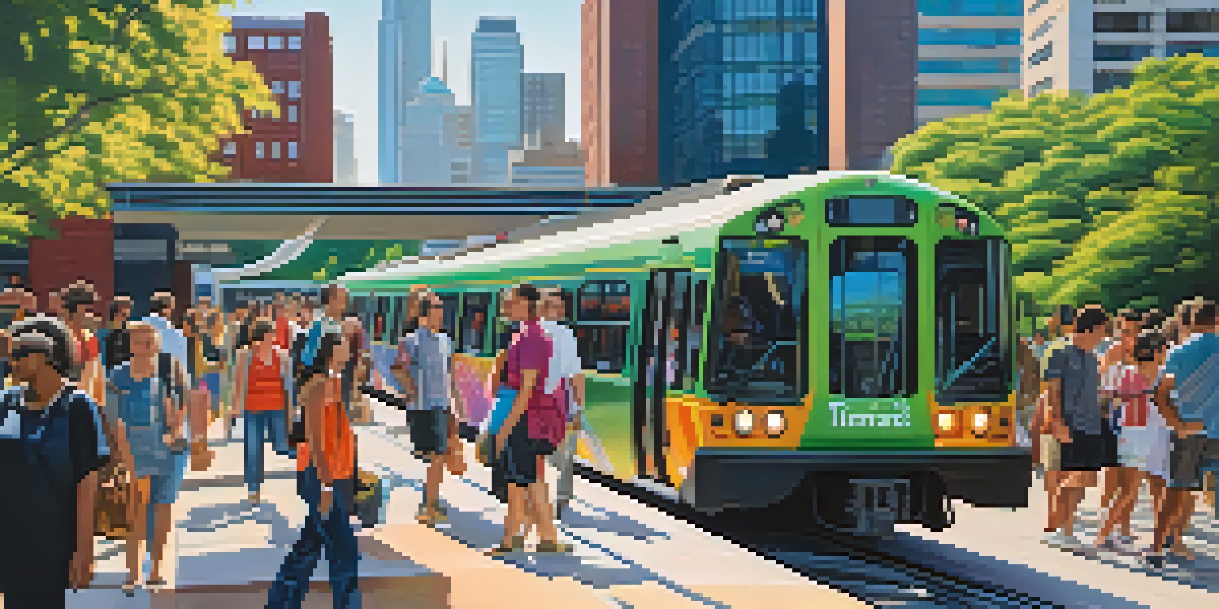A busy MARTA transit station in Atlanta with commuters and modern buildings in the background.