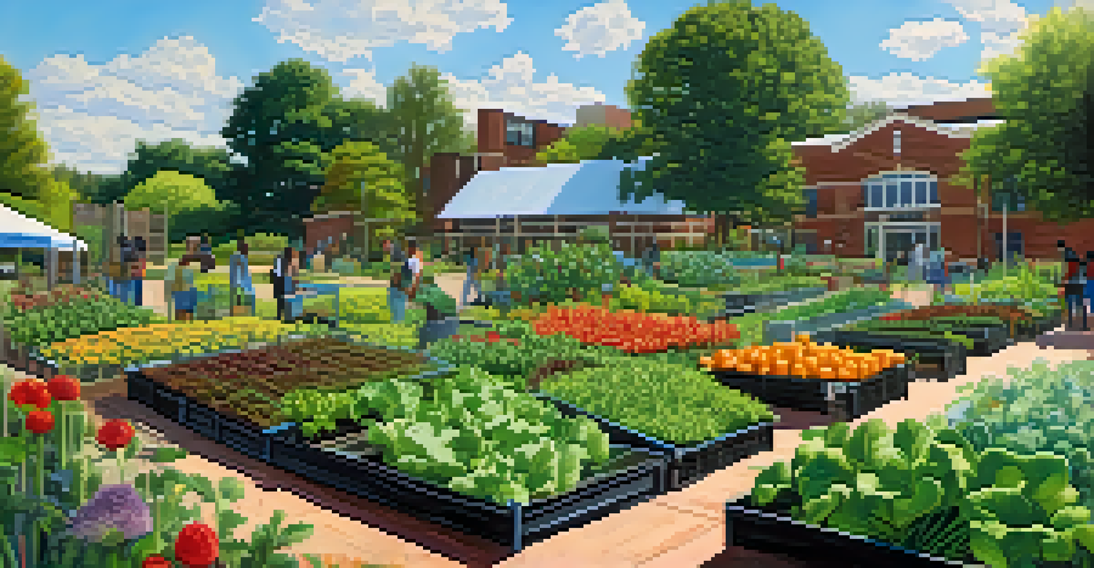 A community garden at an Atlanta university with students and residents caring for plants under a sunny sky.