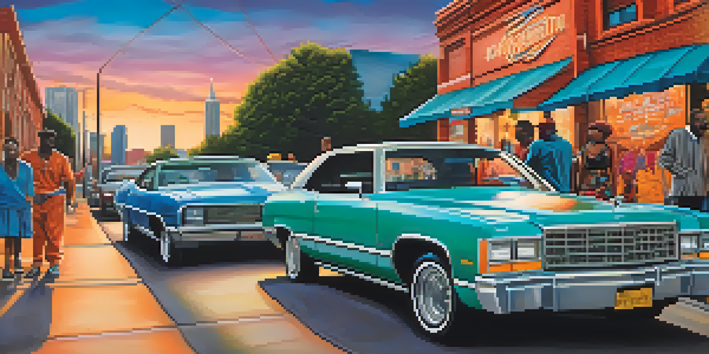 A vibrant mural of OutKast on a street in Atlanta, depicting André 3000 and Big Boi with colorful elements of Southern hip-hop culture.