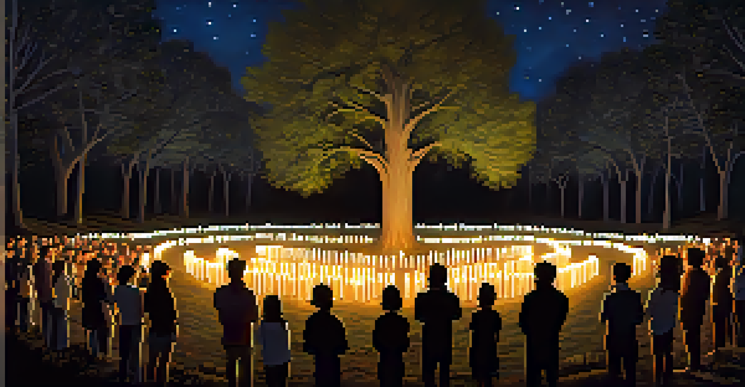 A candlelight vigil in a park, with people holding candles in a circle under a starry night sky, conveying solidarity and remembrance.