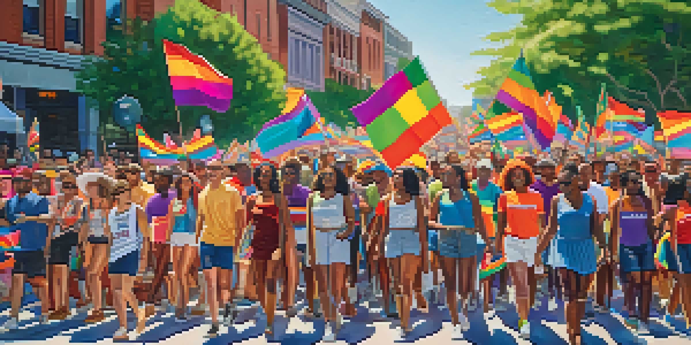 A diverse group of individuals celebrating at a pride parade in Atlanta, holding colorful flags and banners against a city skyline.
