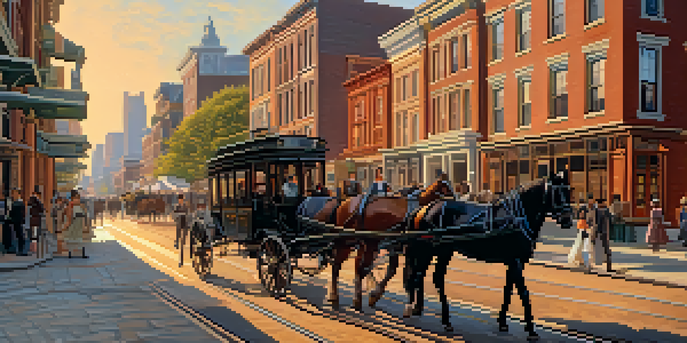A lively street scene in Atlanta during the 19th century, showing horse-drawn streetcars and pedestrians in period attire against a backdrop of historic buildings at sunset.