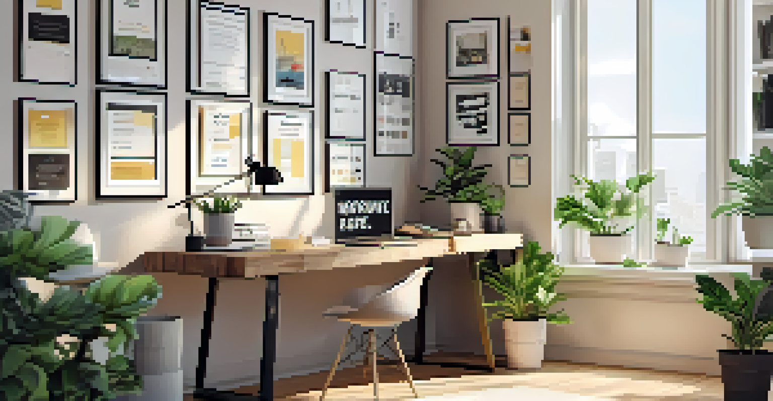 A tidy office workspace featuring a desk with a laptop and plants, illuminated by natural light.