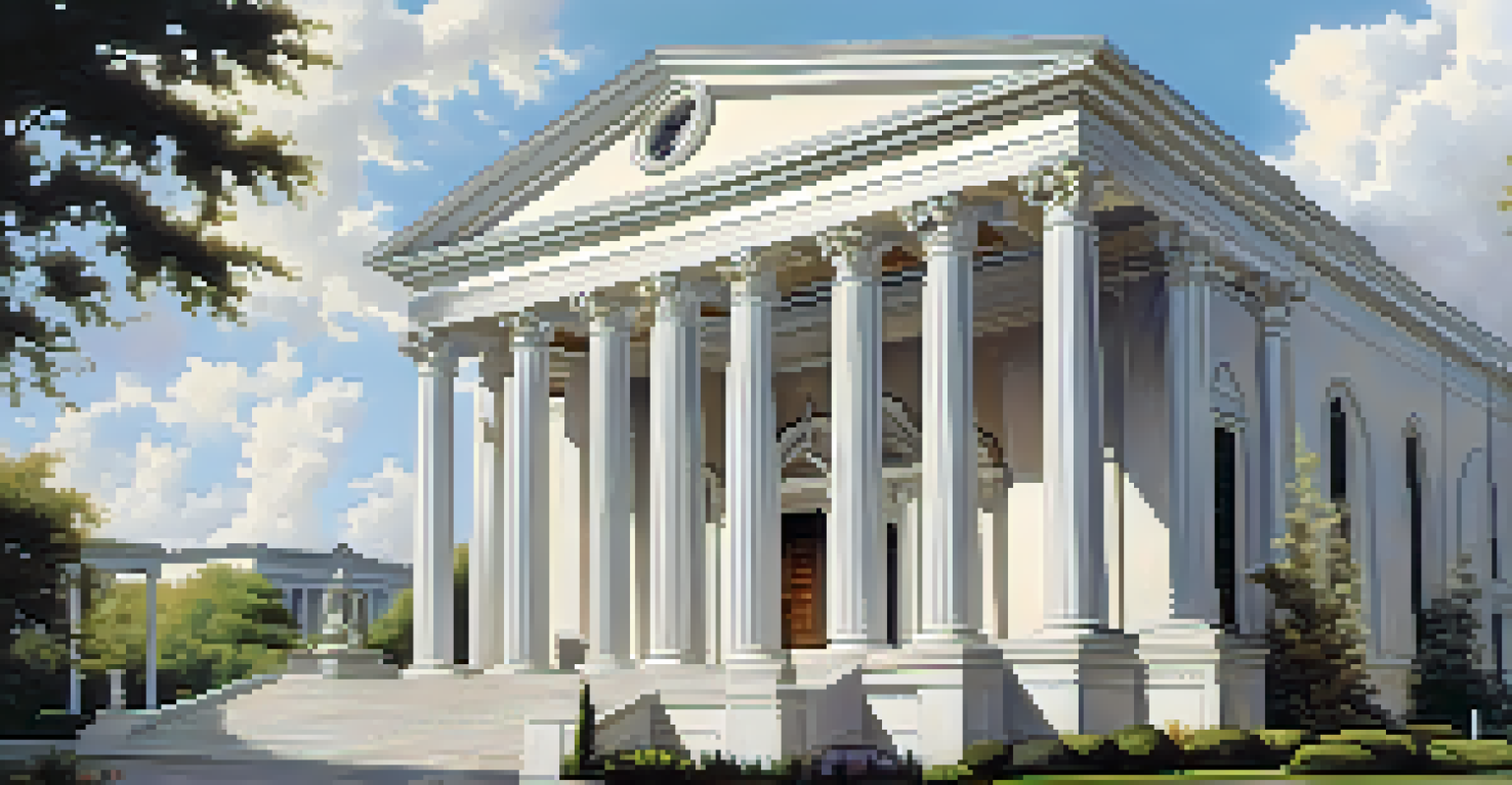 A Neoclassical church with tall columns and a grand portico under a clear blue sky, surrounded by blooming flowers.