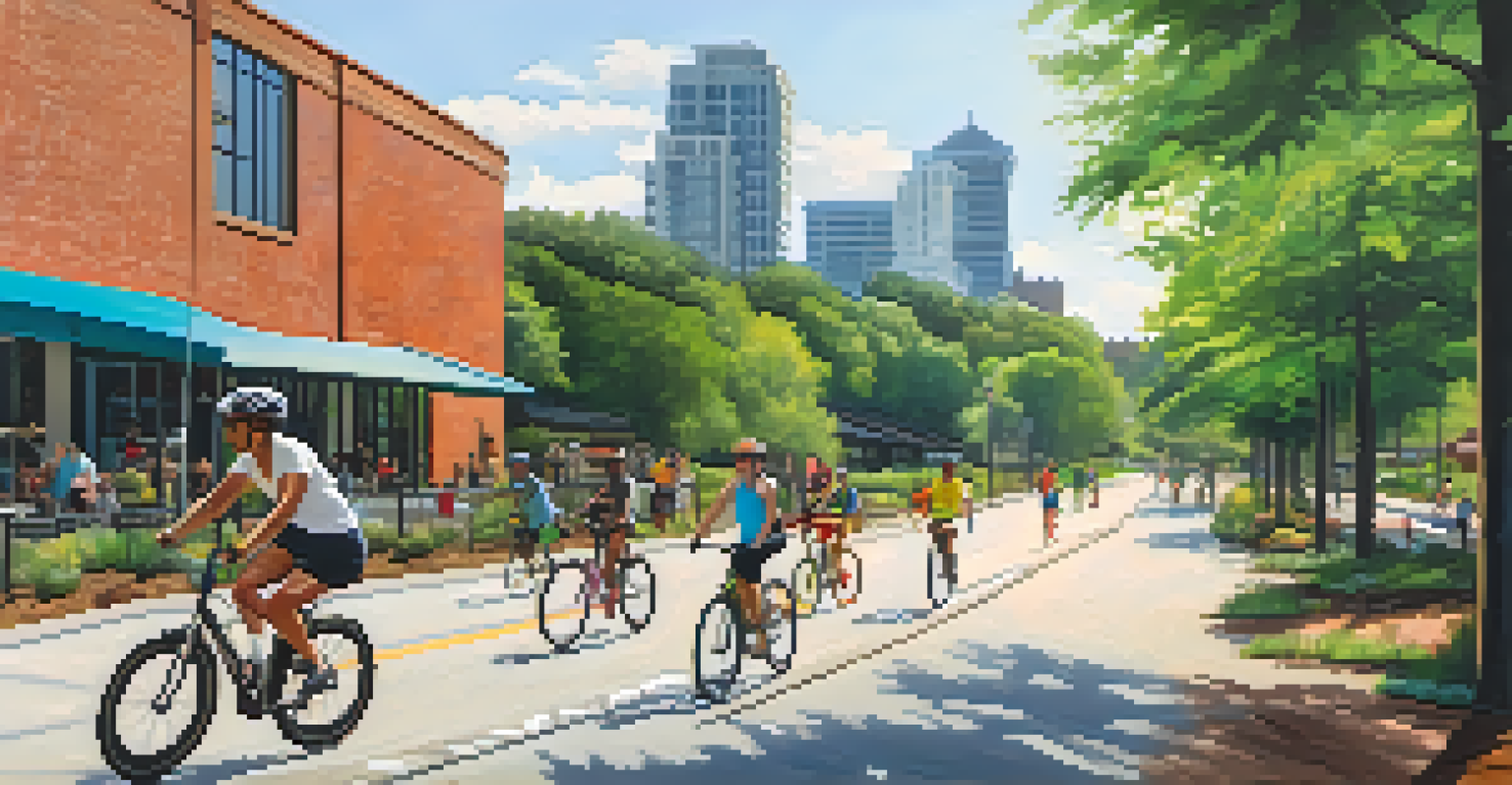 A scenic view of the Atlanta BeltLine with cyclists and joggers, colorful murals, and lush greenery, under a bright sunny sky.