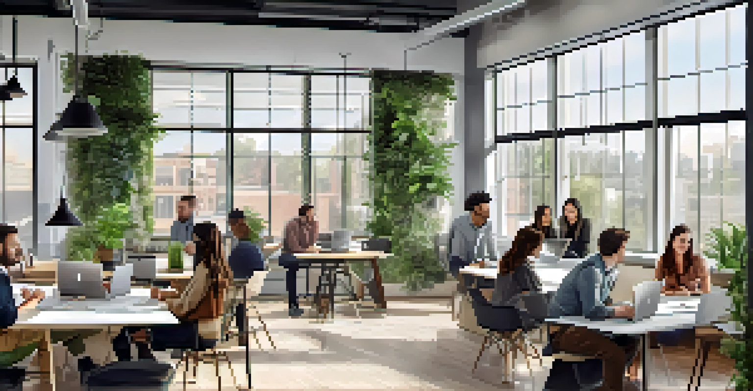 A contemporary co-working space in Atlanta with young professionals collaborating and brainstorming ideas in a bright, modern environment.