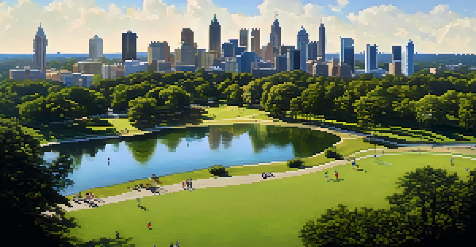An aerial view of a large park with green spaces and walking trails, featuring the skyline of Atlanta in the background.