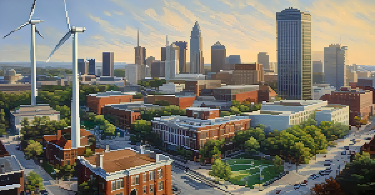 Aerial view of Atlanta showing wind turbines among modern and historic buildings, with people walking and biking.