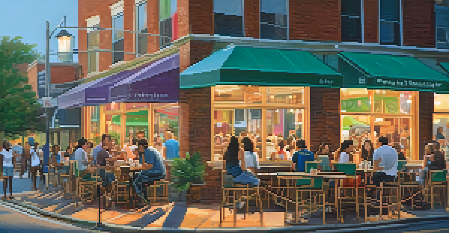 A lively street scene near a college in Atlanta with students and faculty enjoying local shops and cafes under string lights.