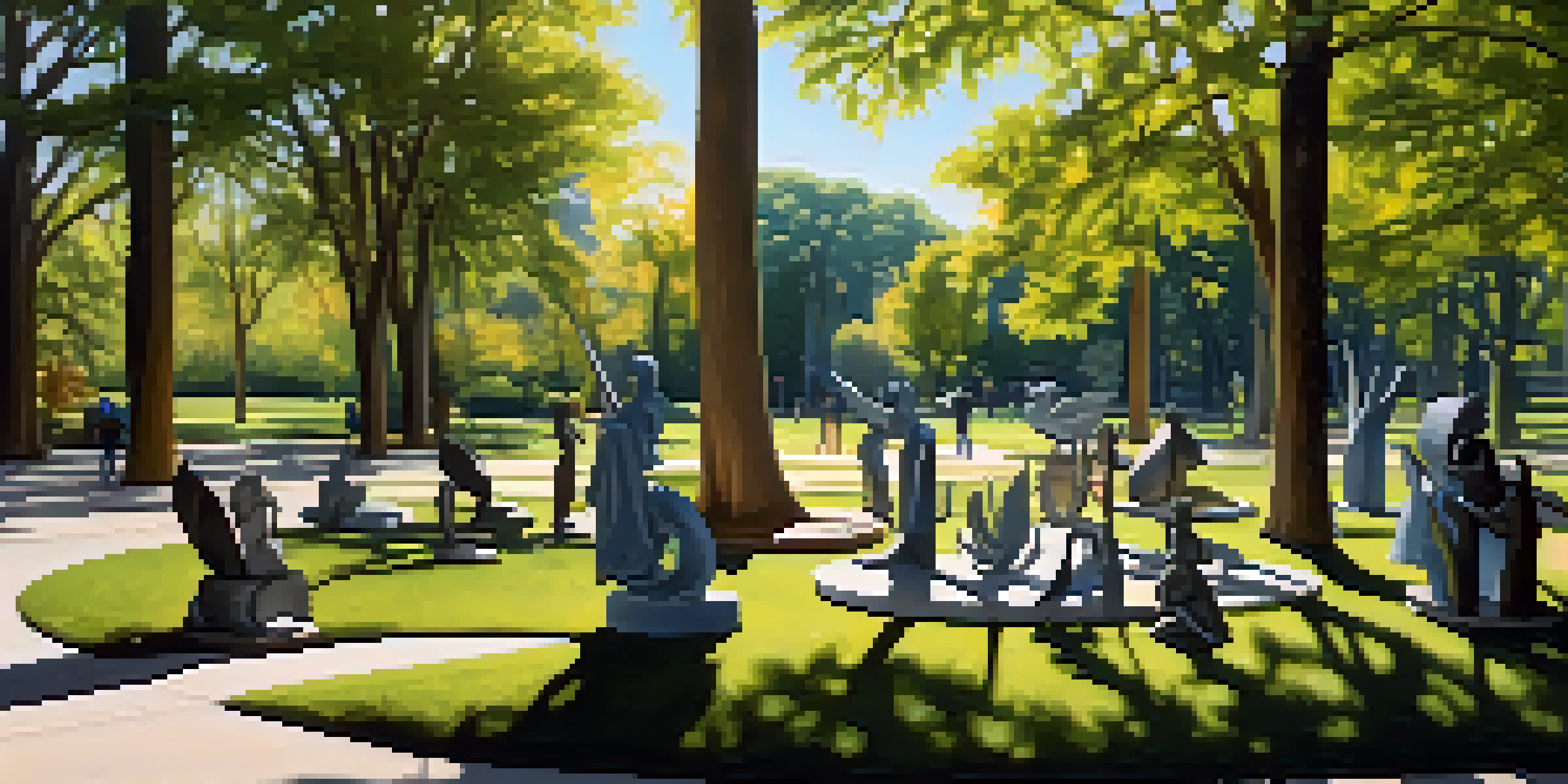Sculptures in Grant Park representing community and nature, surrounded by trees and soft shadows on a sunny day.