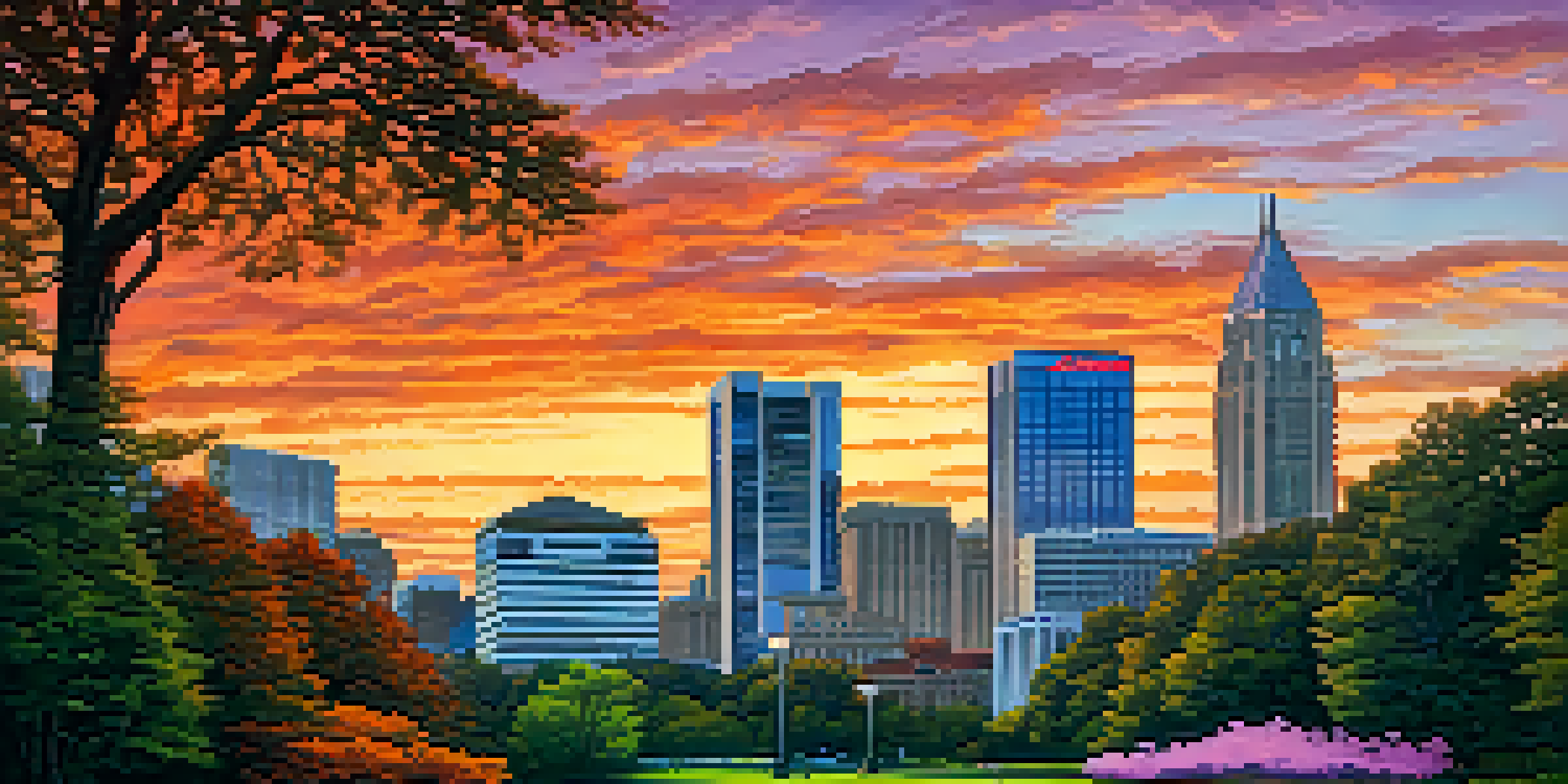 A sunset view of the Atlanta skyline with vibrant colors and lush greenery in the foreground.