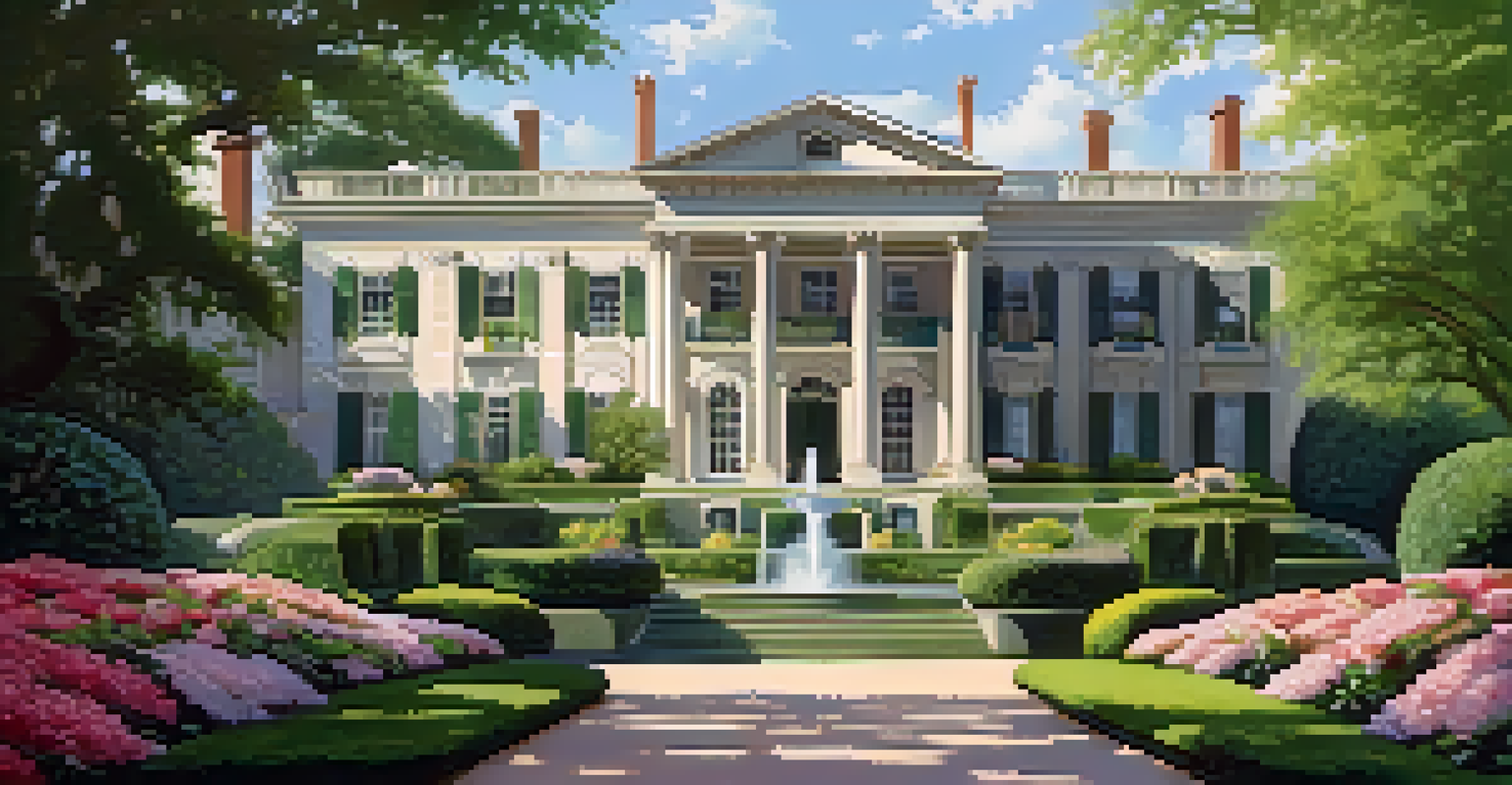 The Swan House, a historic mansion surrounded by blooming gardens and bright sunlight, showcasing its 1920s architecture.