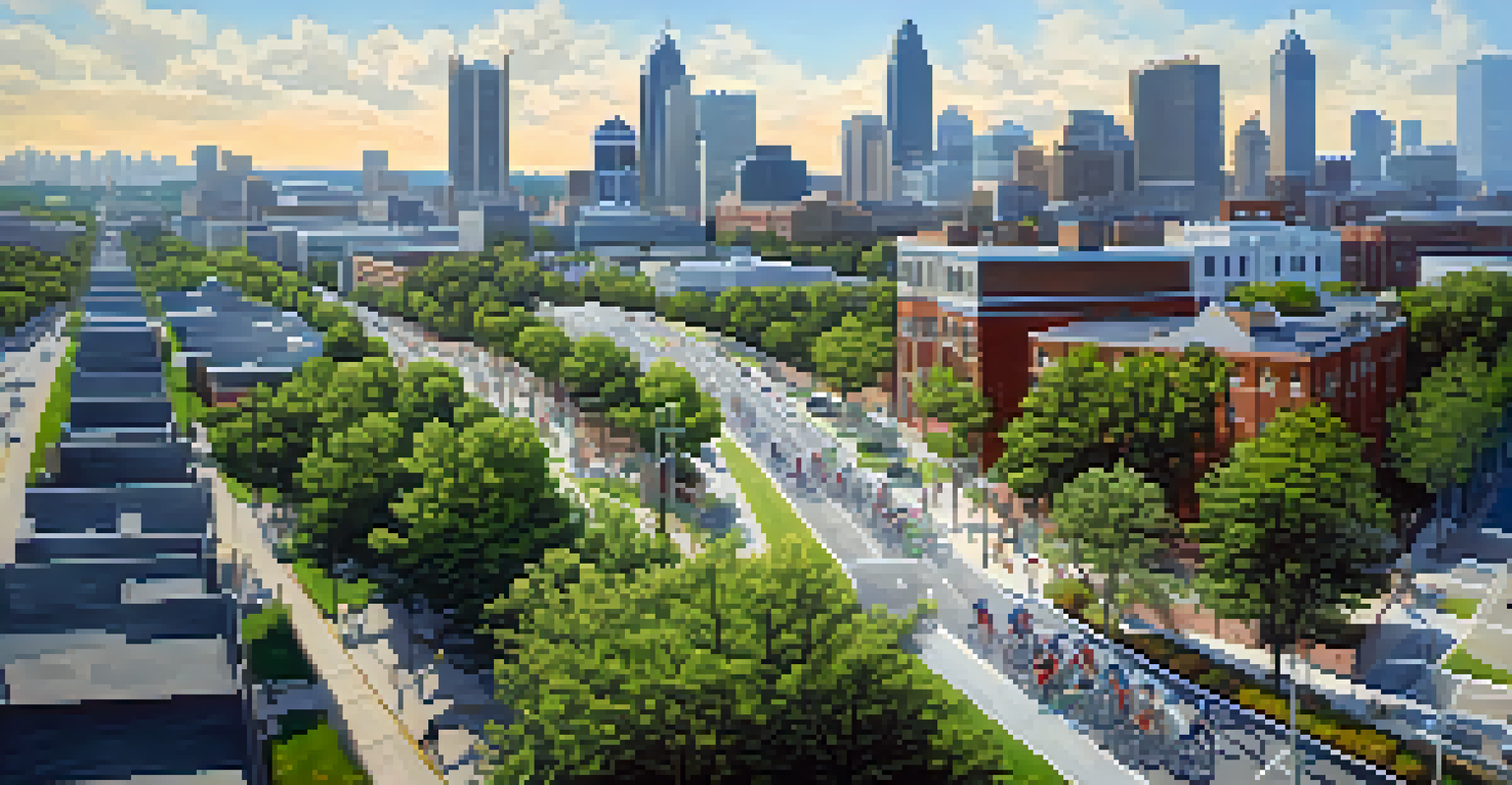 An aerial view of Atlanta showing bike lanes and pedestrians enjoying the outdoors, with the city skyline in the background.