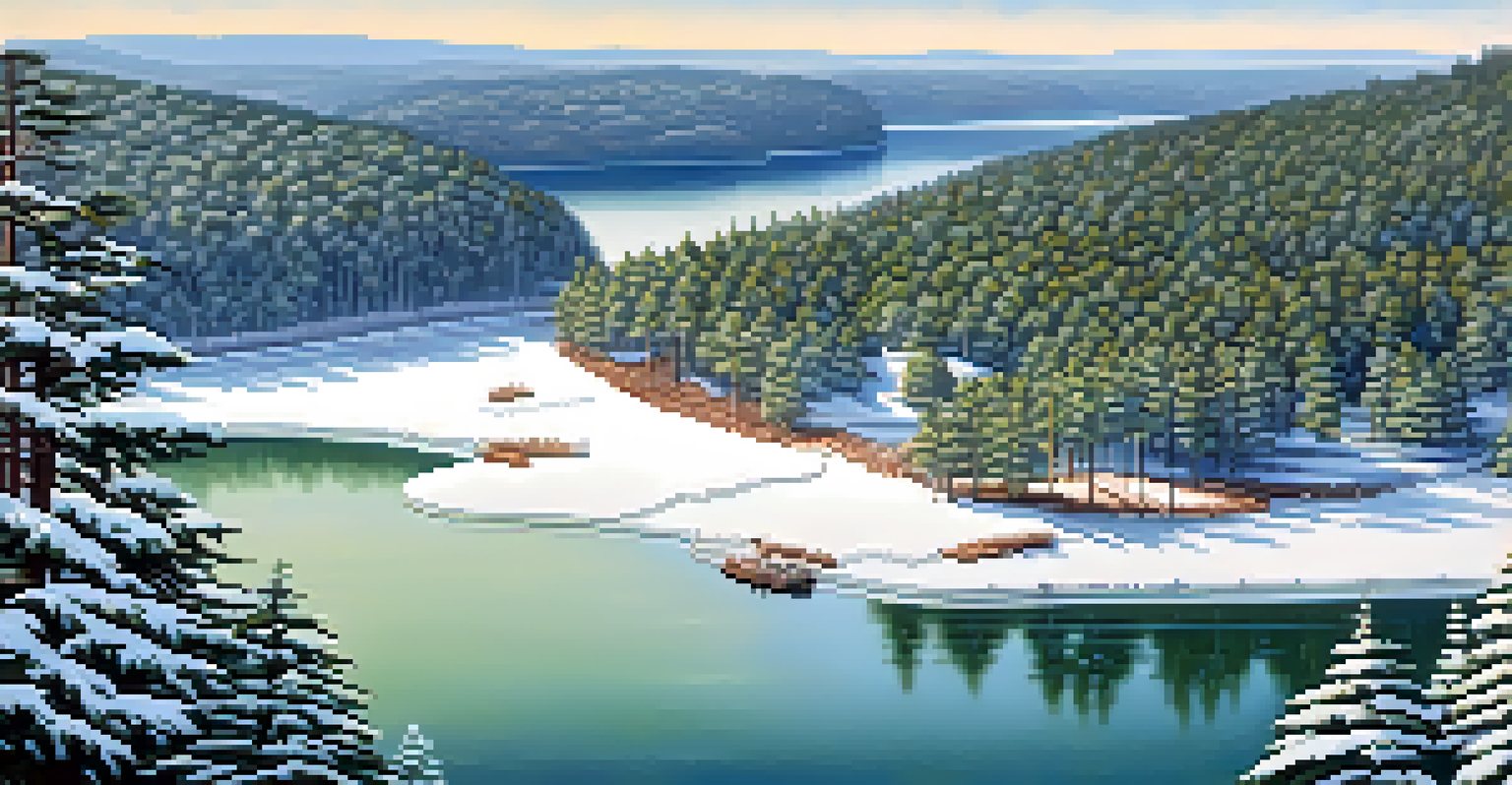 An aerial view of Lake Lanier in winter, showcasing a snow-covered landscape with icy shores and partially snow-covered boats.
