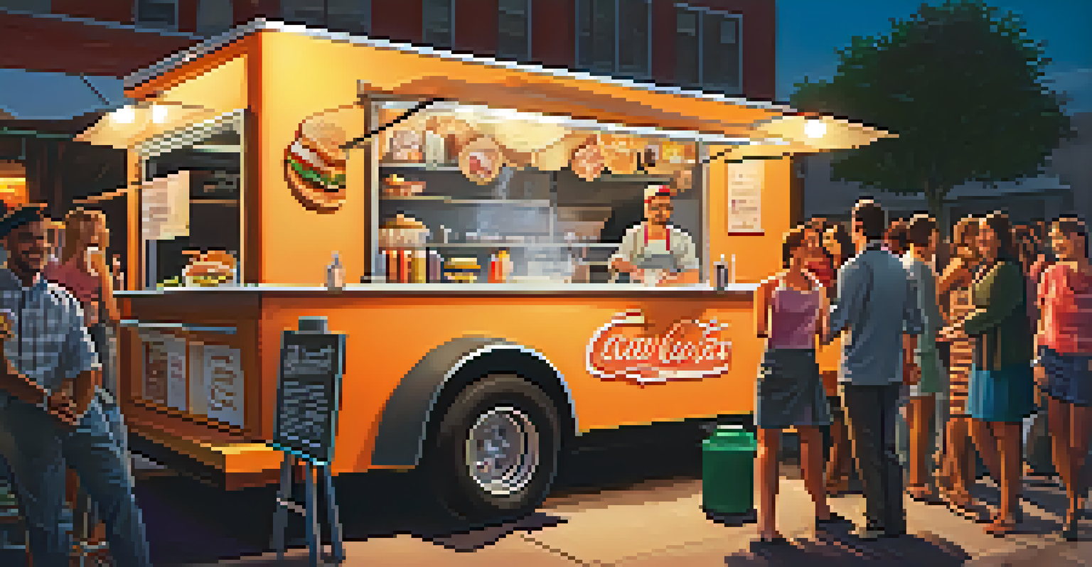 A food truck owner happily serving customers barbecue plates, surrounded by a cheerful crowd in a festive atmosphere.