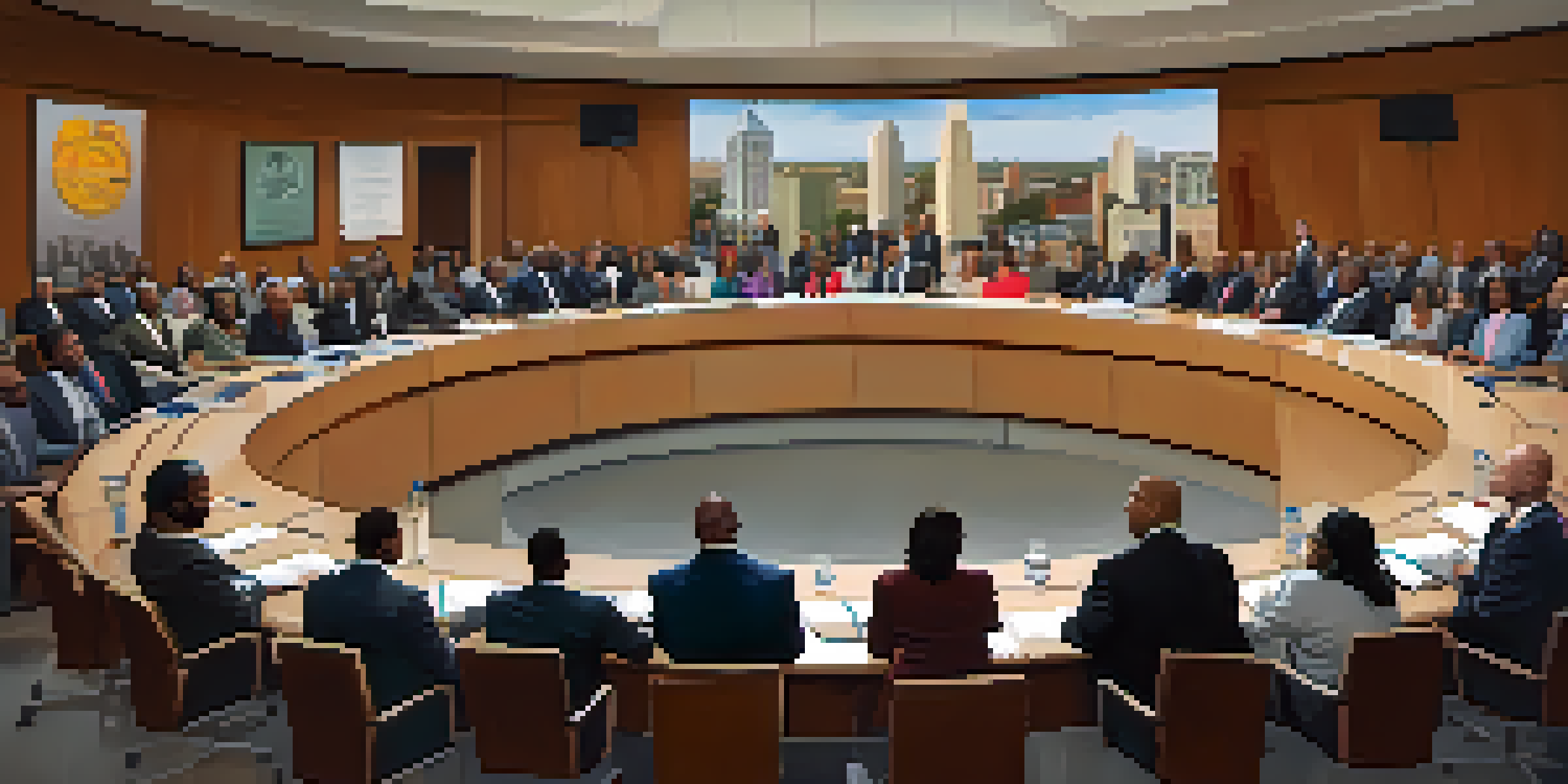 A diverse group of council members engaged in a meeting in a modern council chamber, with natural light and city flags in the background.