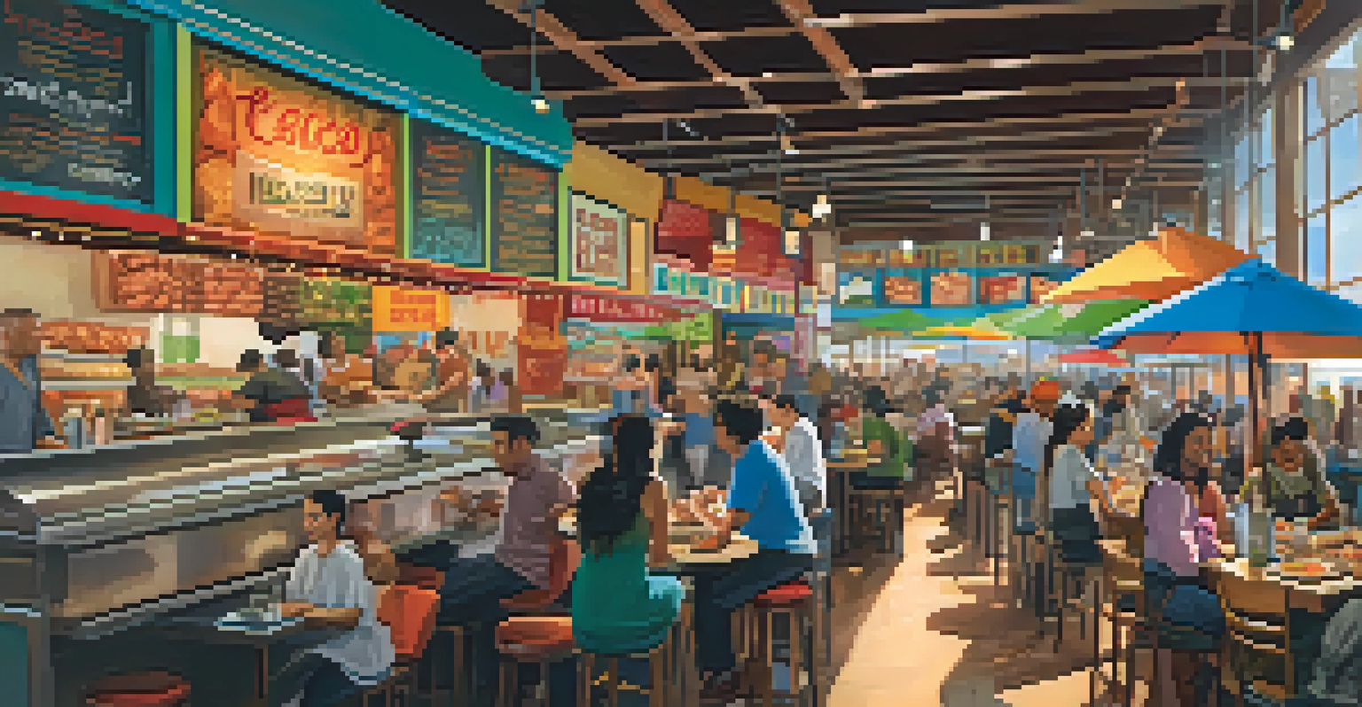 A busy food hall in Atlanta with various food stalls, showcasing diners enjoying diverse global cuisines at communal tables.