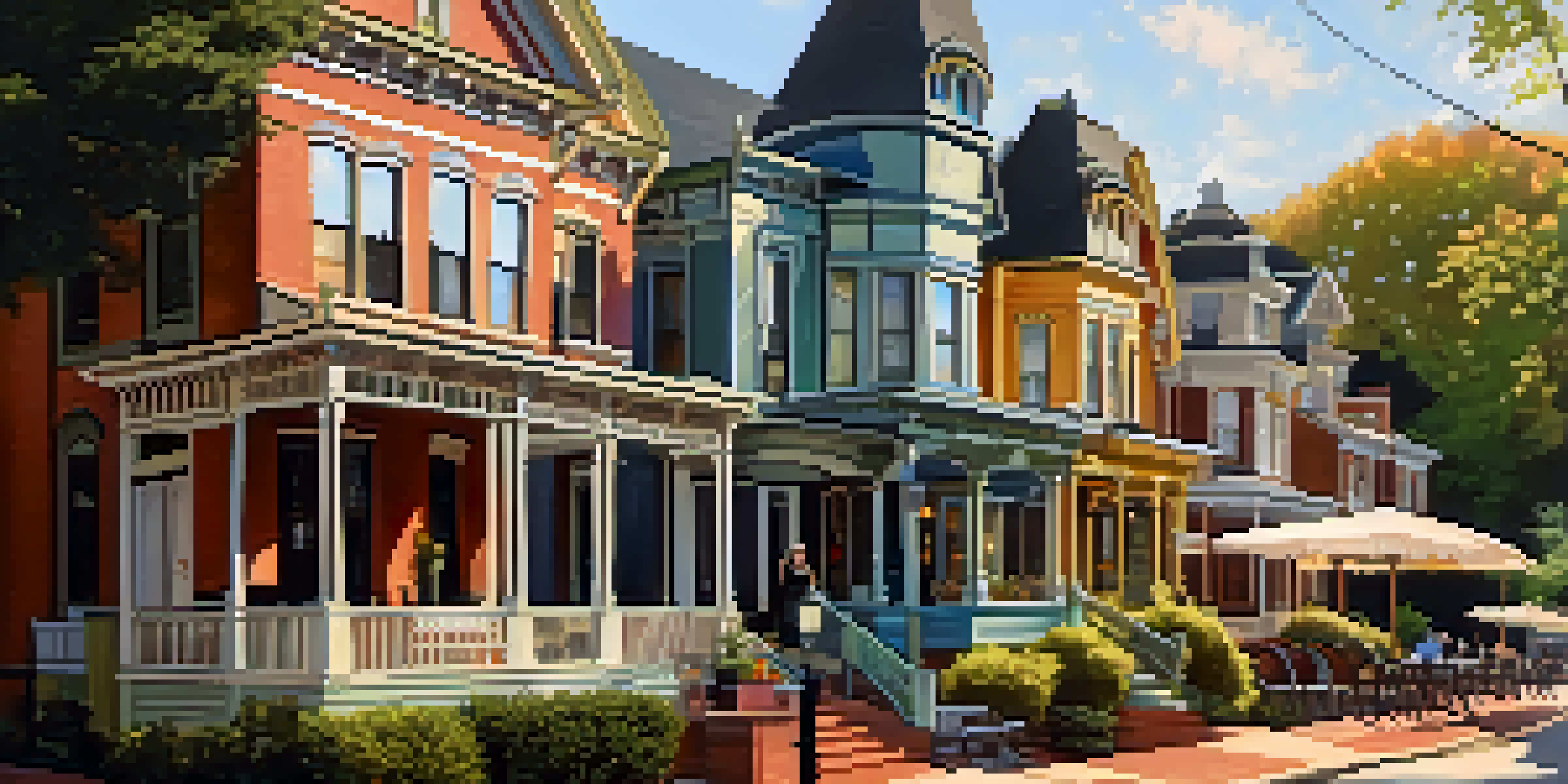 A colorful street in Inman Park, featuring Victorian homes and a lively restaurant scene.