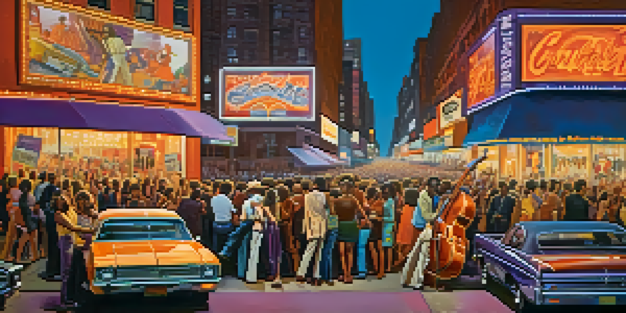 A lively street scene in Atlanta from the late 1960s with musicians performing and a crowd enjoying the music, surrounded by colorful posters and warm street lights.