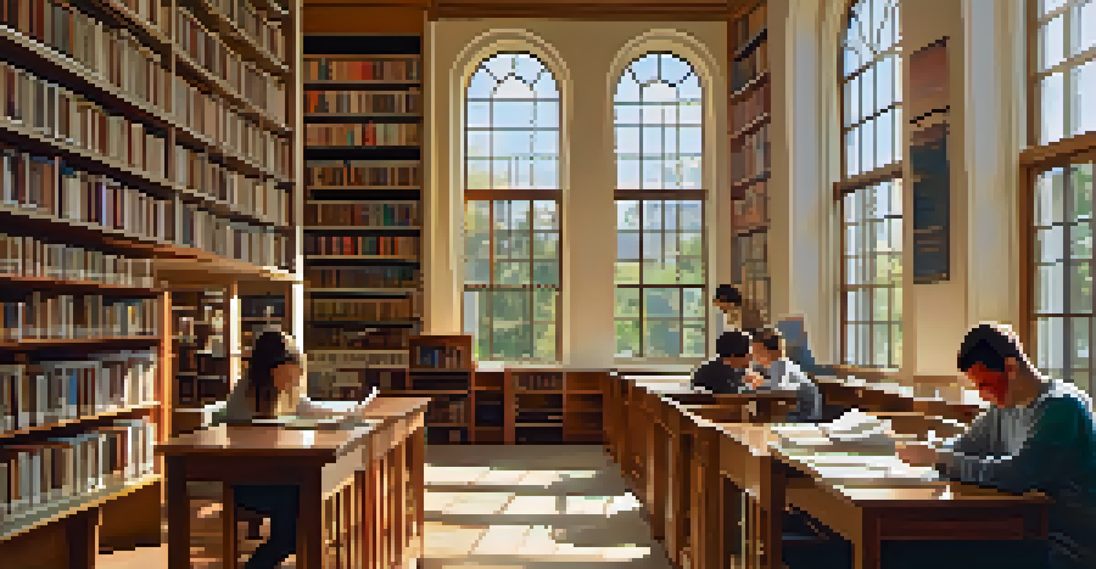 A cozy university library filled with books, students reading and writing in a well-lit space.