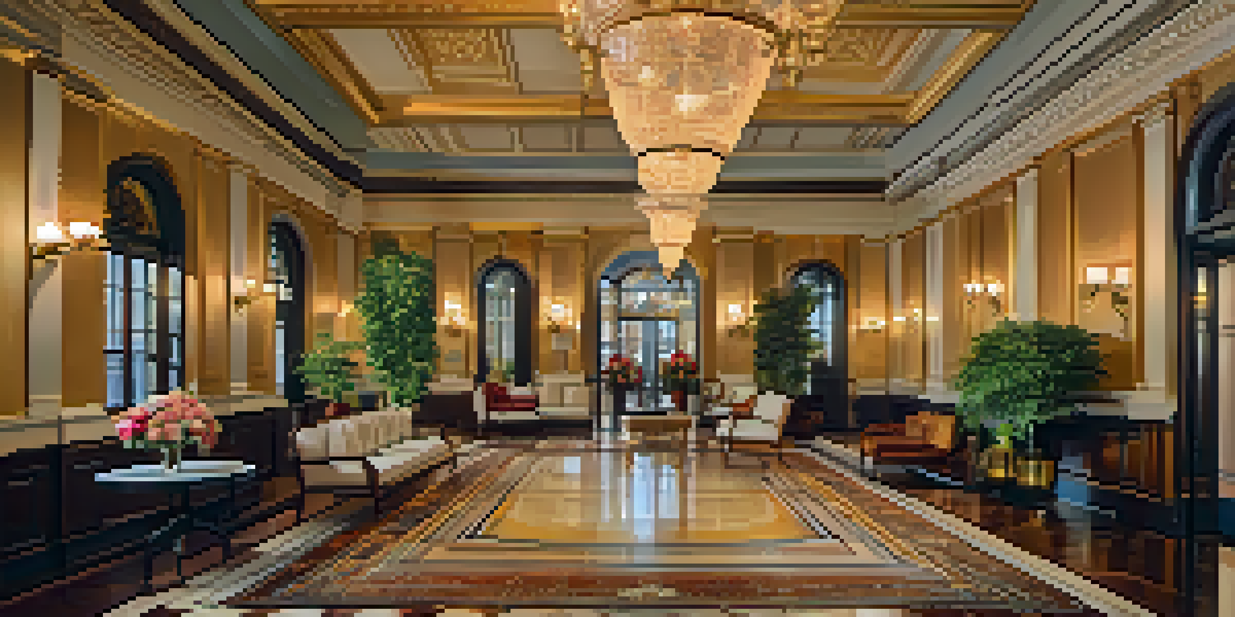 A luxurious hotel lobby with chandeliers and vintage furnishings, illuminated by warm golden light.