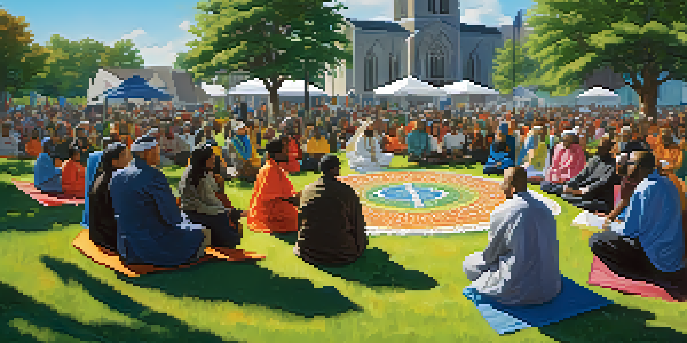 A diverse group of people engaged in interfaith dialogue outdoors, surrounded by colorful banners and historic churches in the background.