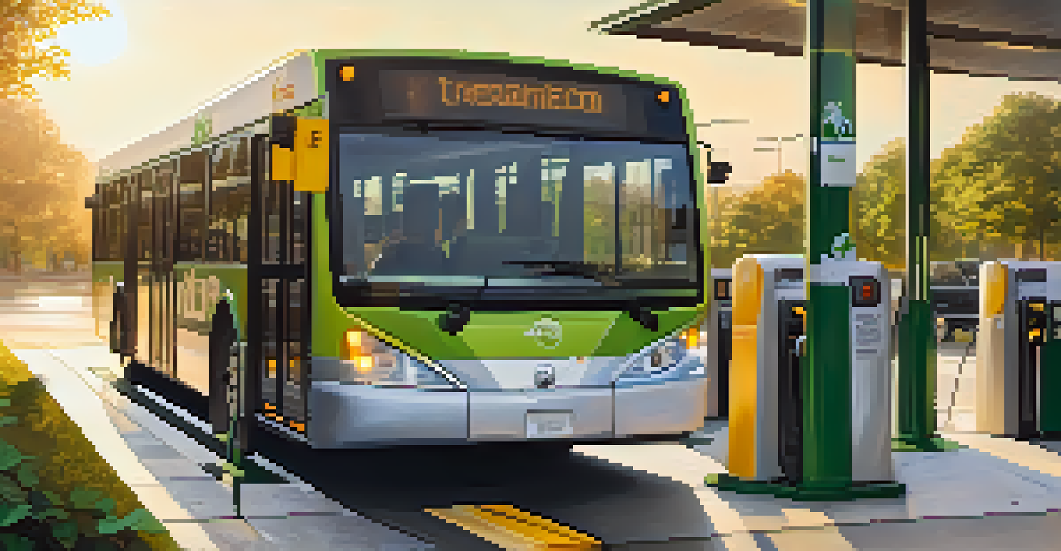 A close-up of an electric bus charging at a station in Atlanta, with eco-friendly bike-sharing stations and green parks in the background at sunset.