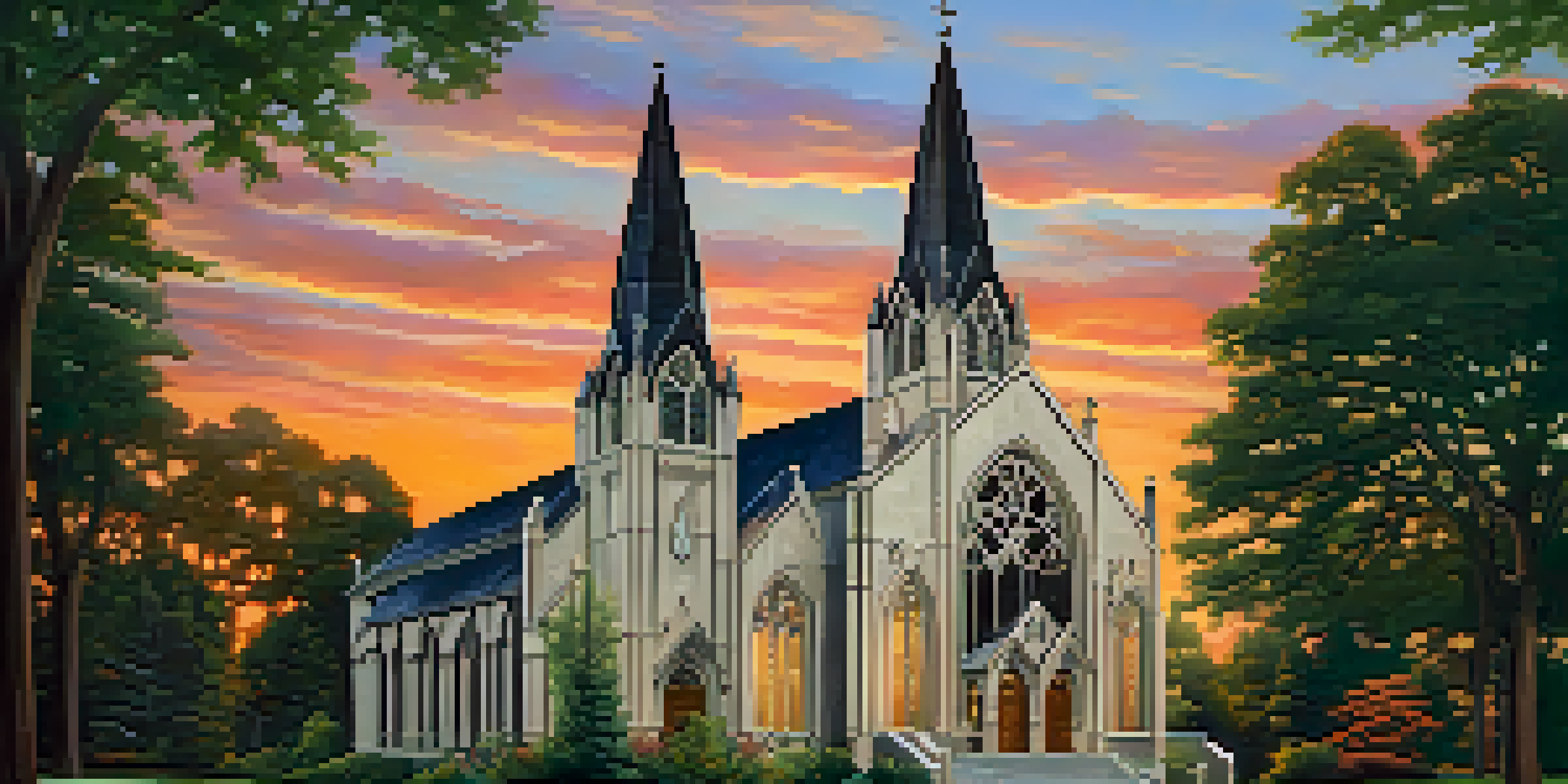 A Gothic Revival church with pointed arches and stained glass windows is bathed in a golden sunset, surrounded by greenery.
