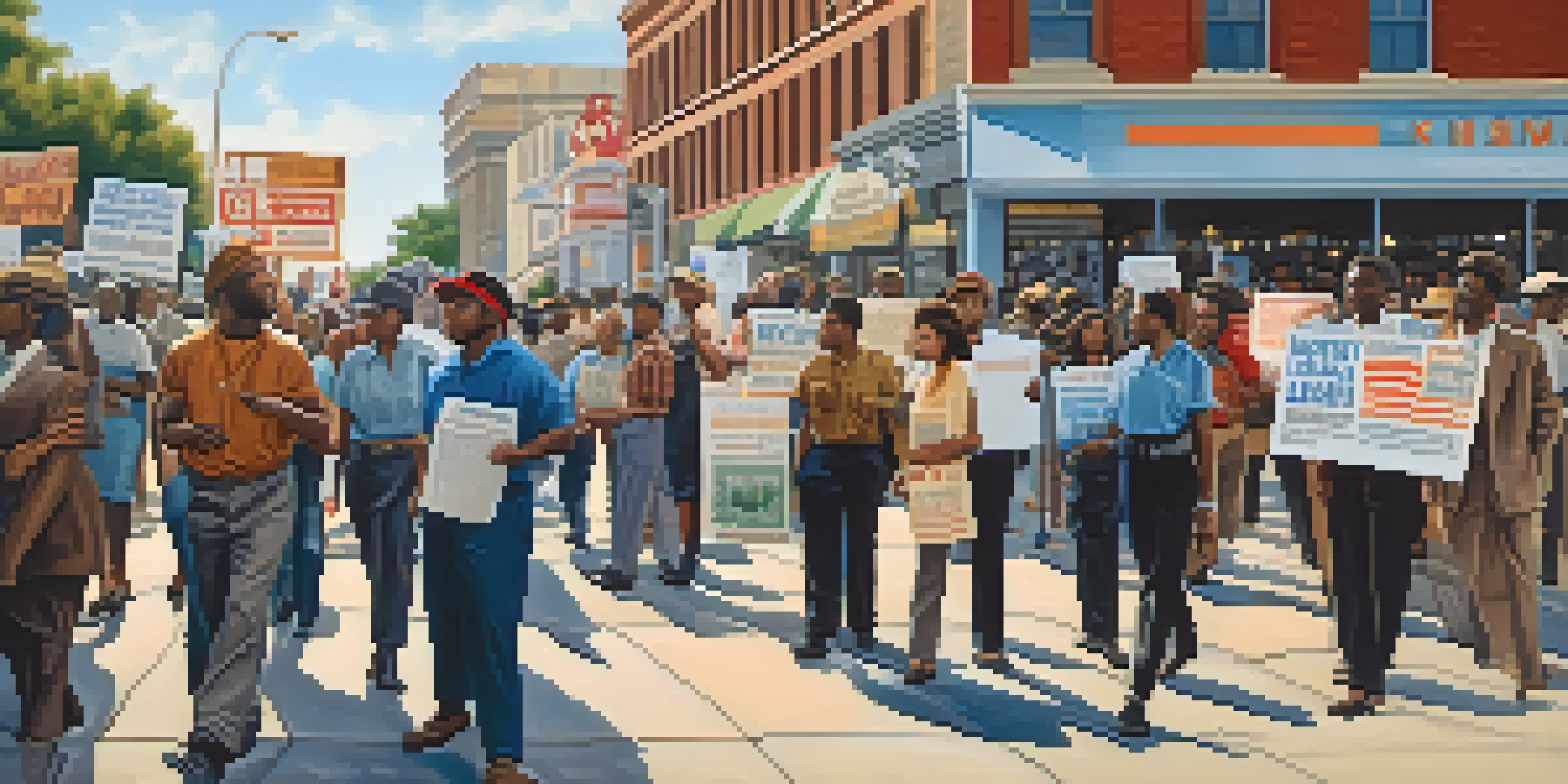 A lively street scene in Atlanta showcasing peaceful protesters advocating for civil rights, with historical buildings in the background and a clear blue sky.
