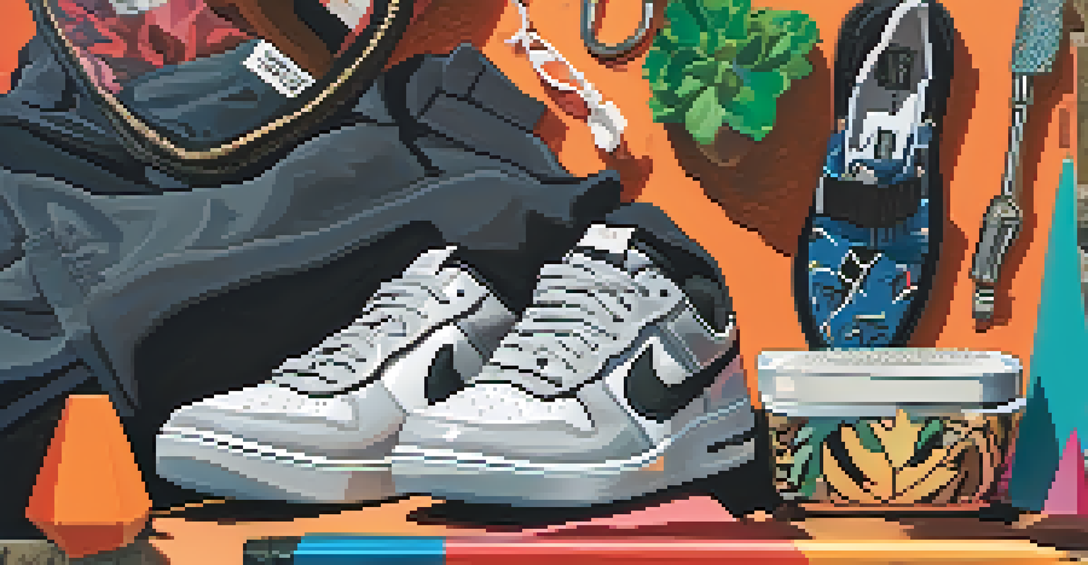 A flat lay of trendy streetwear items on an urban background, featuring graphic tees and sneakers in vibrant colors.