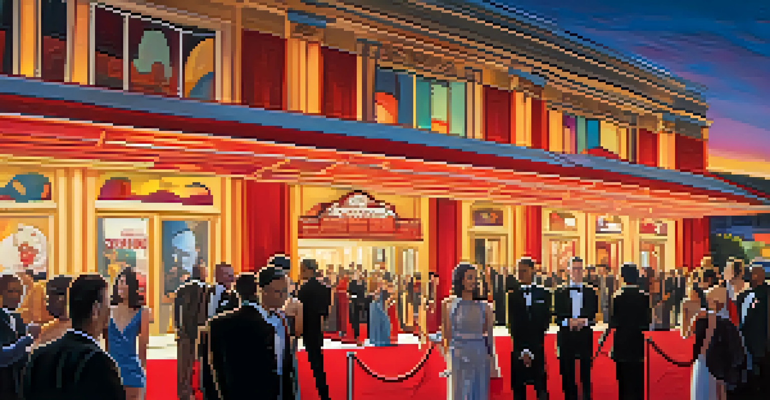 A red carpet film festival event in Atlanta with attendees in elegant attire and colorful banners.