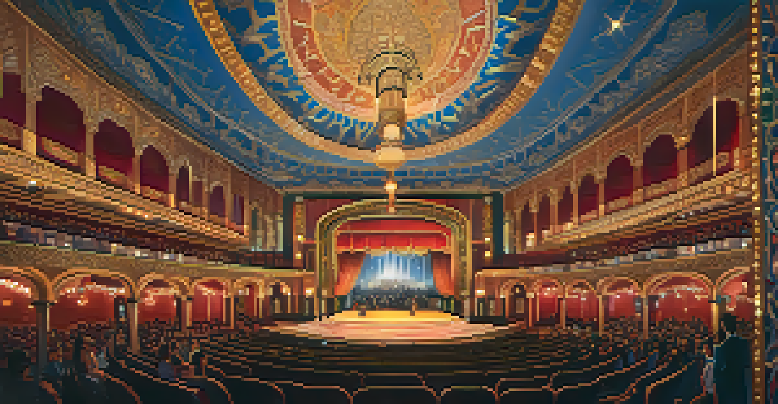 The luxurious interior of the Fox Theatre during a live performance, featuring intricate designs and warm lighting.