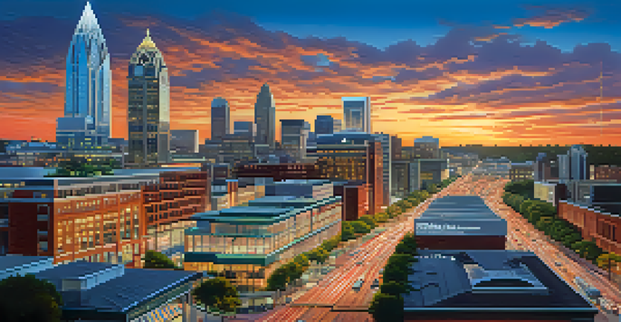A vibrant cityscape of Atlanta featuring modern skyscrapers and busy streets with professionals, illuminated by the warm glow of sunset.