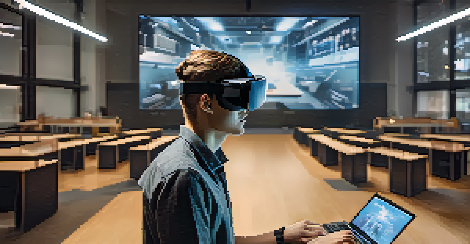 A university student using virtual reality technology in a futuristic classroom, wearing VR goggles and surrounded by advanced tech.