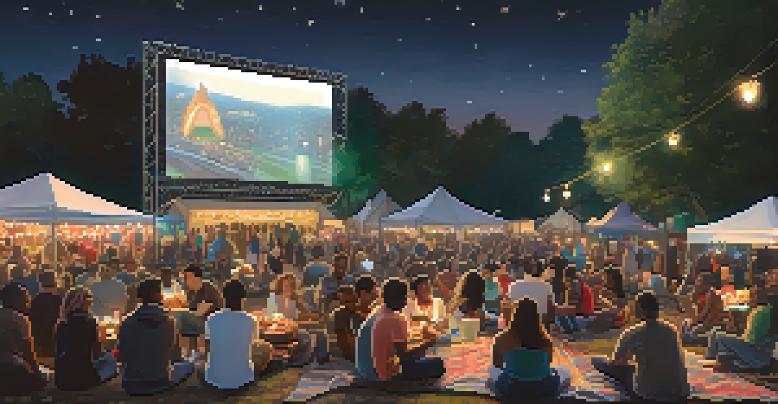 An outdoor film festival in Atlanta with a large screen, attendees, and food vendors under a starry night sky.