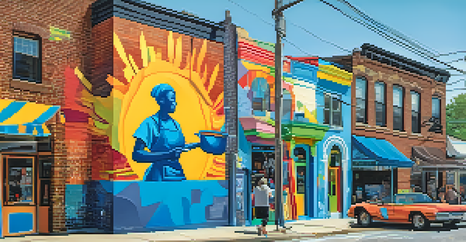 An artist painting a mural in East Atlanta Village, surrounded by vibrant street art and local businesses.