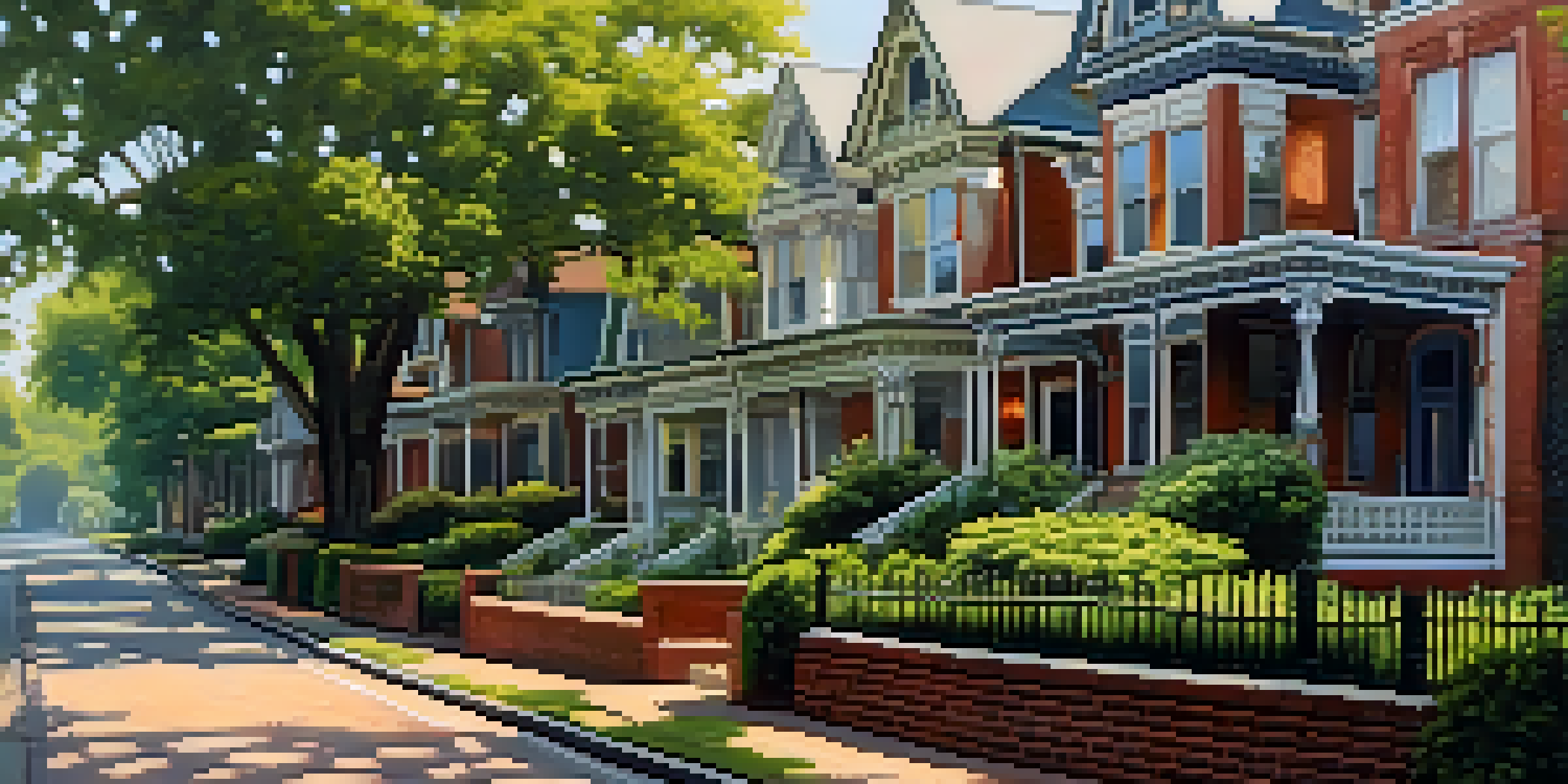 A scenic view of Victorian homes in Inman Park, Atlanta, with blooming flowers and greenery under soft morning light.