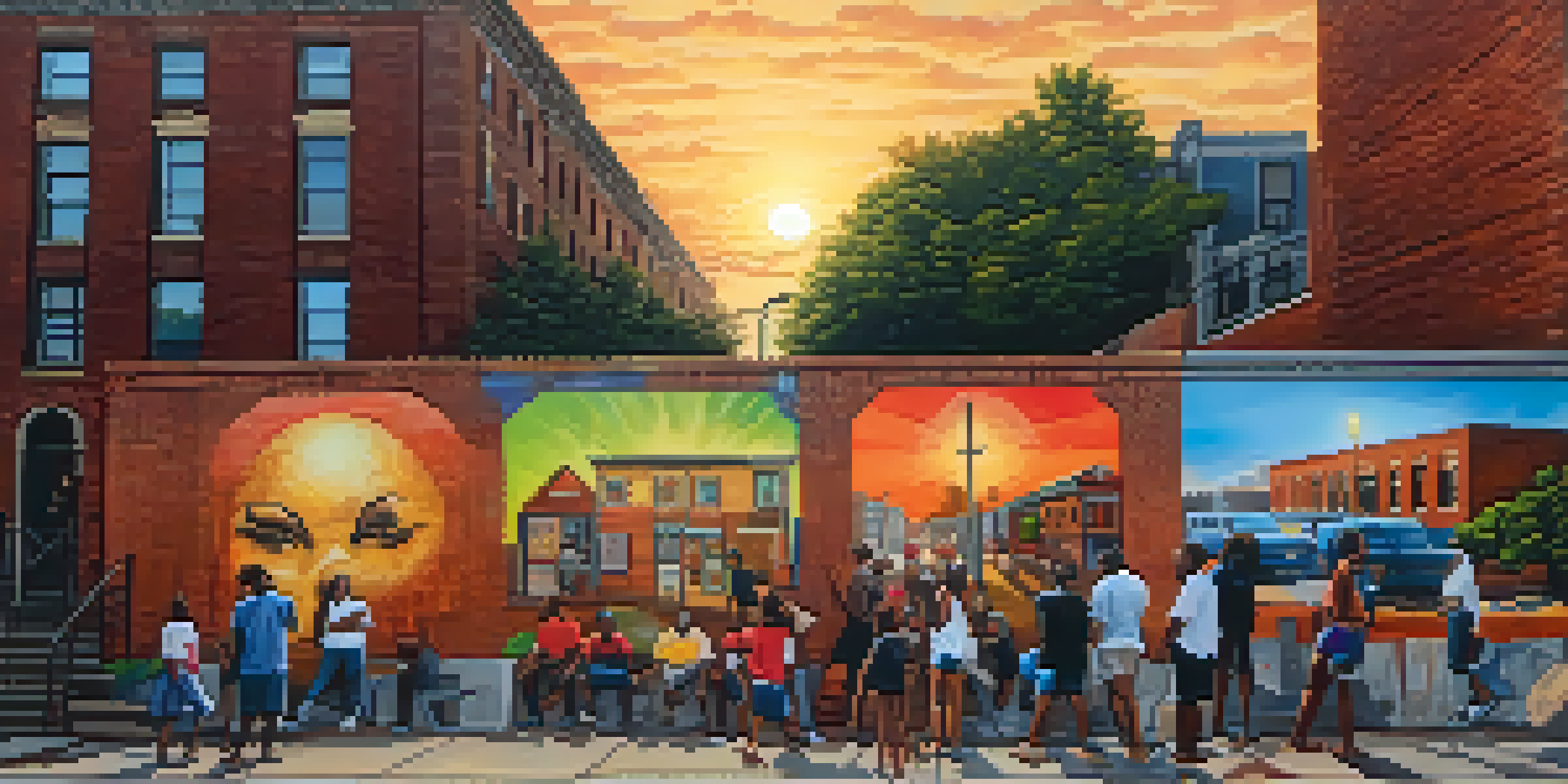 A street scene in Castleberry Hill with colorful murals and people interacting, illuminated by a golden sunset.
