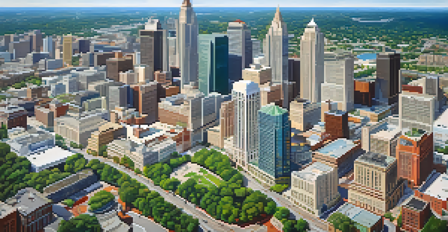 An aerial view of Atlanta's skyline featuring a mix of modern buildings and parks, showcasing the city's vibrant culture.