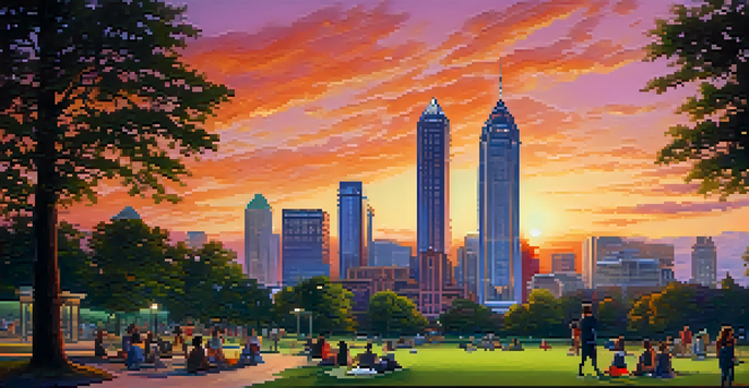 A sunset view of Atlanta's skyline with colorful sky and people in a park.