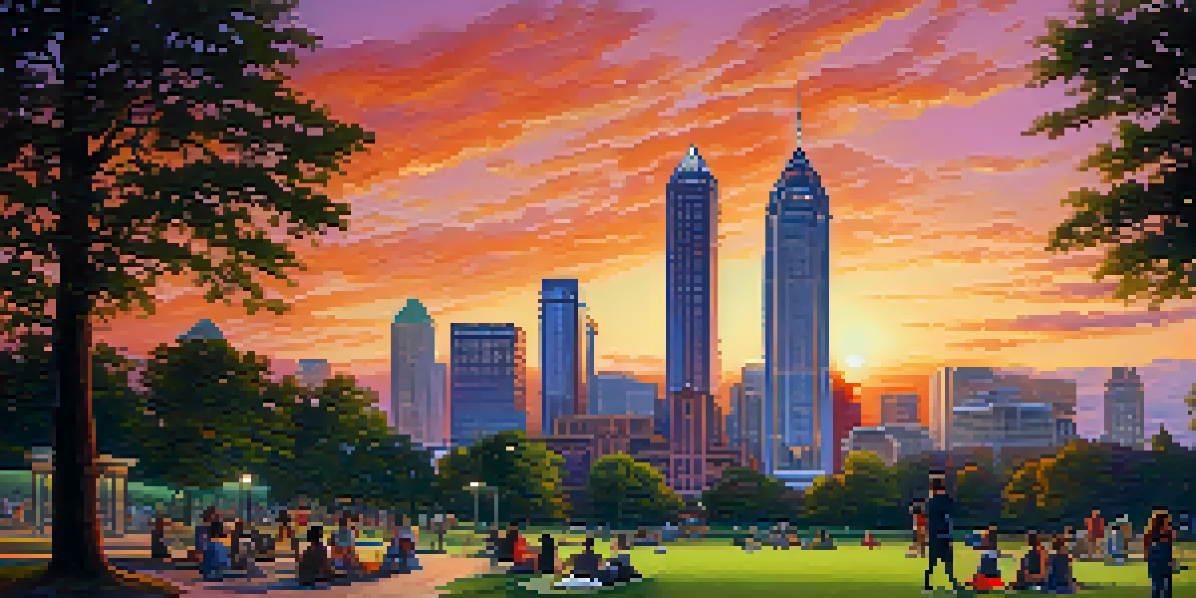 A sunset view of Atlanta's skyline with colorful sky and people in a park.
