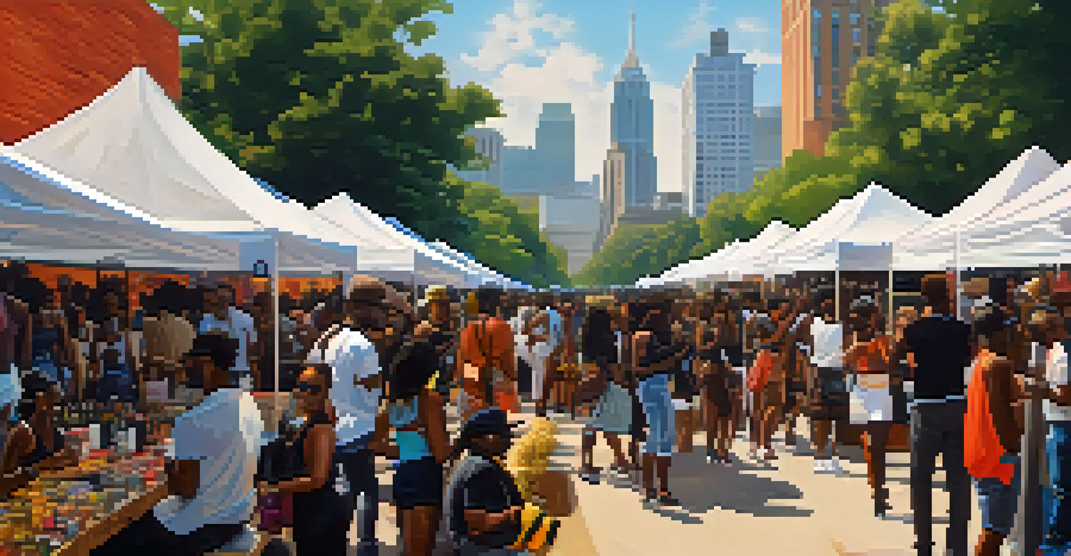 Marketplace at Afropunk Atlanta festival featuring art installations and attendees exploring Black-owned businesses.