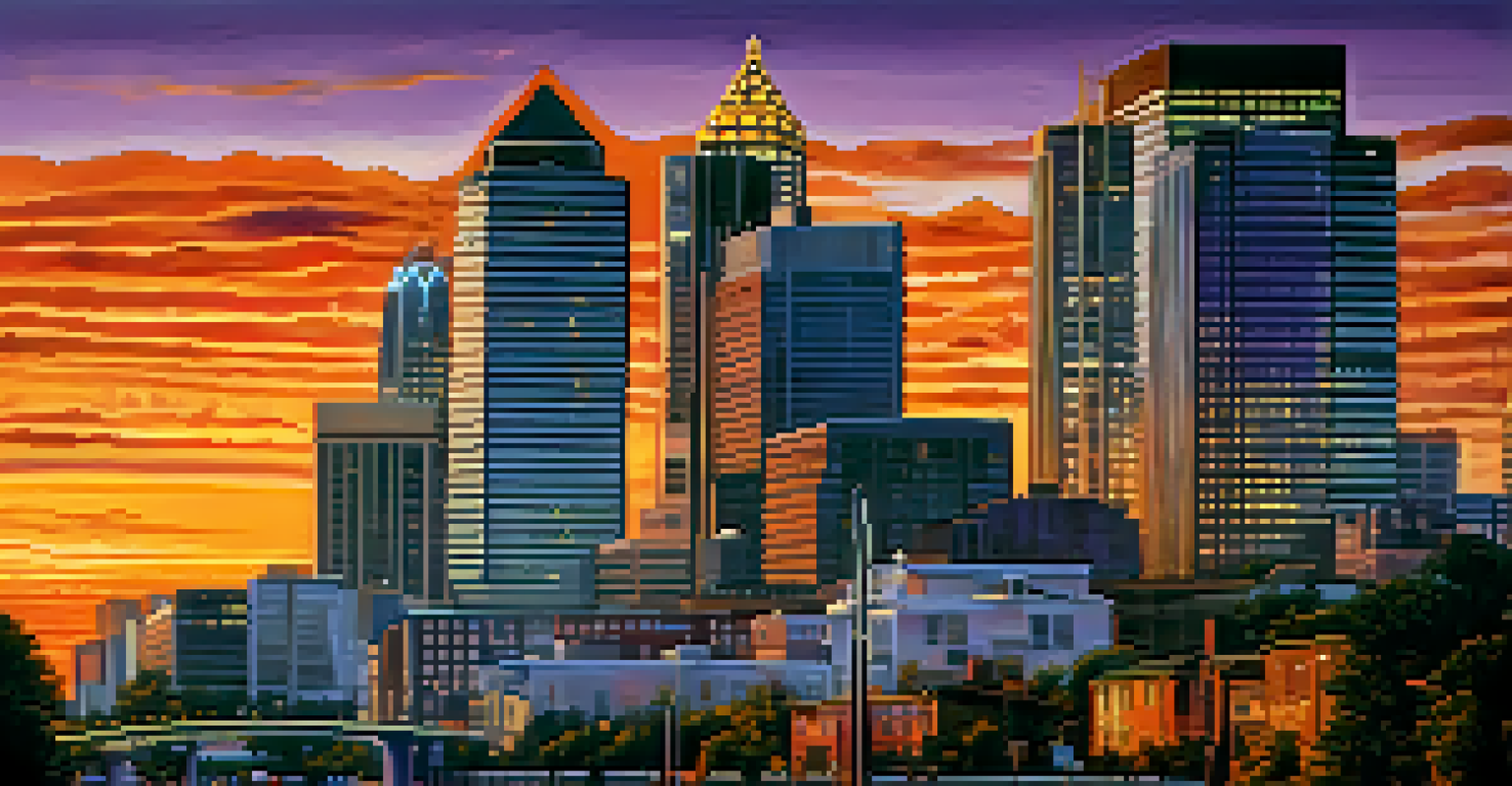 A picturesque view of the Atlanta skyline at sunset with musical notes and hip-hop culture elements integrated into the skyline.