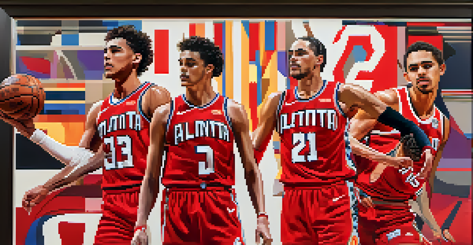 A timeline artwork depicting the history of the Atlanta Hawks, featuring images of key players and moments from the 1940s to today.
